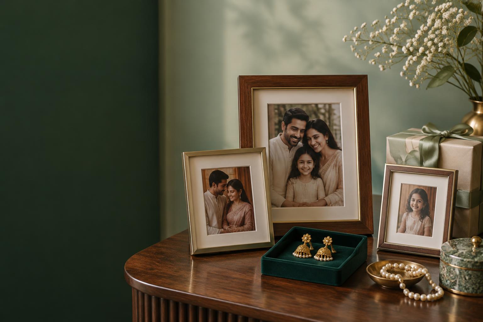 Photo frames, gold jhumkas and a pearl necklace arranged with gift boxes